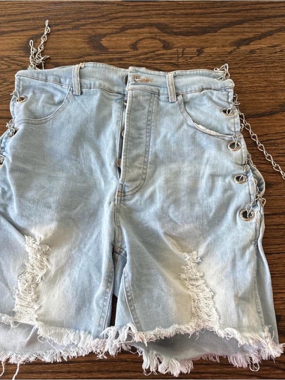 Rehab Light Blue Distressed Denim Shorts with Chain Eyelet Details